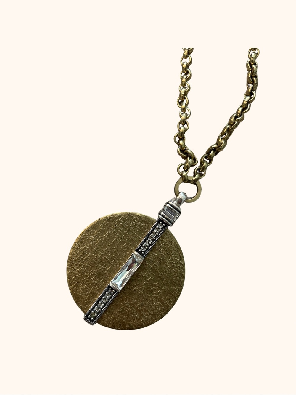 Anthropologie long brass disc pendant necklace | circa 2010 | mixed metal